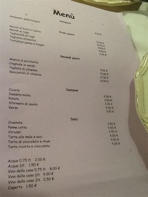 Menu at Vecchia Osteria la Pergola restaurant, Anghiari