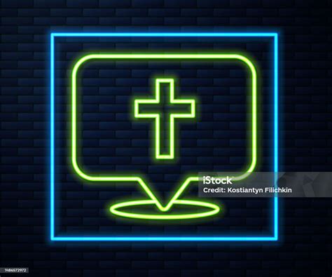 Glowing Neon Line Map Pin Church Building Icon Isolated On Brick Wall