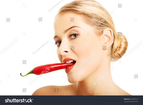Happy Blonde Nude Woman Holding Chilli Stock Photo Shutterstock
