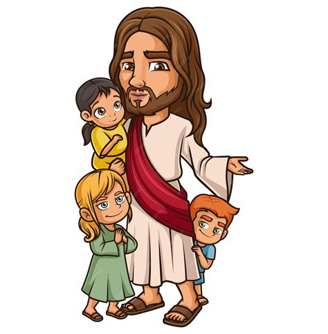 Ilustración De Dibujos Animados De Jesucristo Con Niños Vector Premium