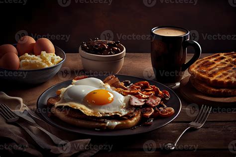 Illustration Of Fried Eggs And Bacon And Hash Browns And Black Pudding And Mushrooms And Toast