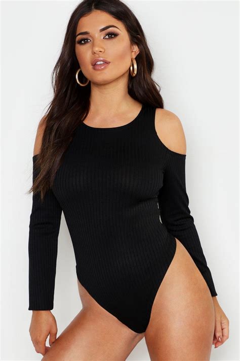 Lyst Boohoo Jumbo Rib Cold Shoulder Bodysuit In Black