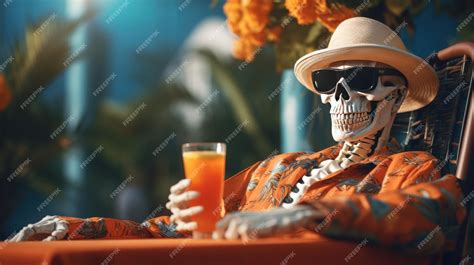 Premium Ai Image Halloween Skeleton Relaxing By The Pool With A Drink