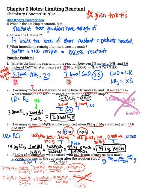 Limiting Reactants Notes Chapter Notes Limiting Reactant Chemistry