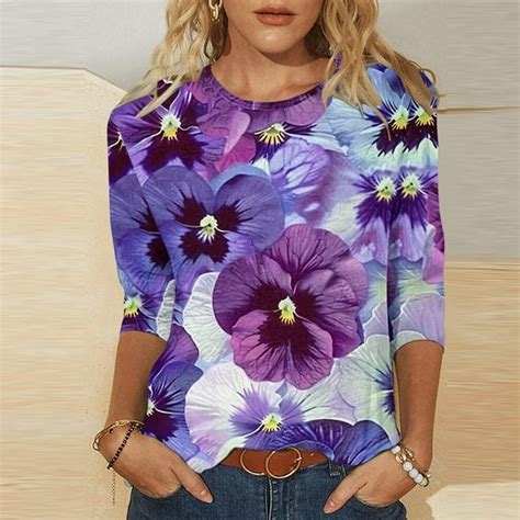 Dolkfu Womens Spring Tops 3 4 Sleeve Blue Crew Neck Flower Graphic