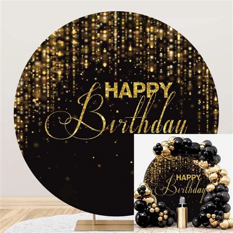 Laeacco X Ft Happy Birthday Round Backdrop Black And Gold Glitter