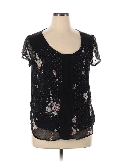 Lc Lauren Conrad Polyester Floral Black Short Sleeve Blouse Size