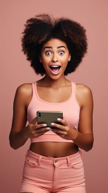 Premium Photo Young African Woman Holds A Phone With A Surprised Face