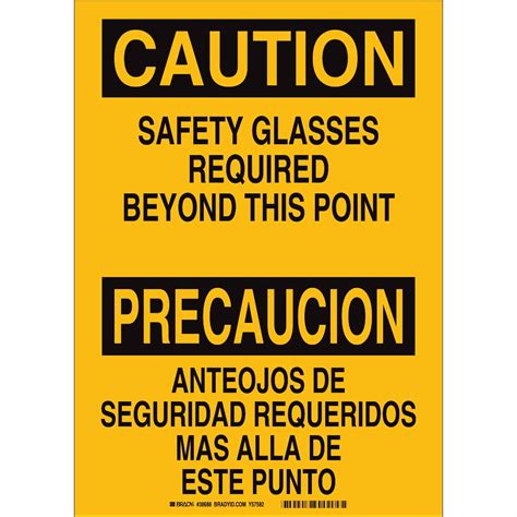 Brady Part 38688 Bilingual Caution Safety Glasses Required Beyond