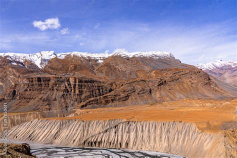 Serene Landscape Of Spiti River Valley With Gully Eroded And Pinnacle