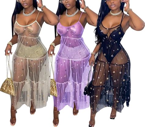 ORANDESIGNE Damen Mesh Strandkleider Sexy Durchsichtig Badeanzug Bikini Cover Up Rave Festival