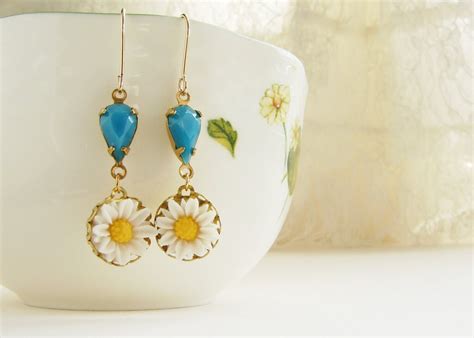 Daisy Dangle Earrings Bridesmaid Jewelry Vintage Teal Blue Etsy