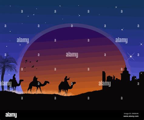 Three Wise Men Traveling To Bethlehem Following The Star Vector