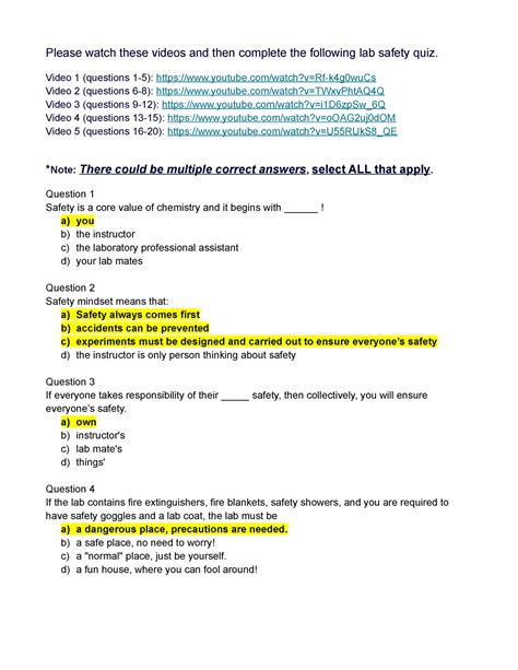 Chm 100 Lab Safety Quiz 1 Please Watch These Videos And Then Complete The Following Lab Safety