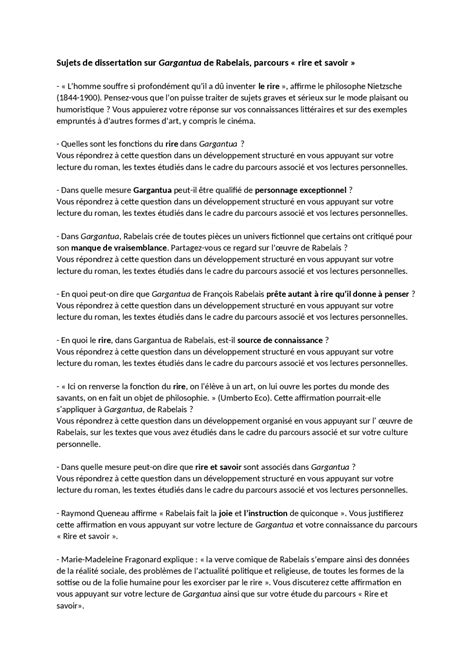 Différents sujets de dissertation | Lectures Français | Docsity