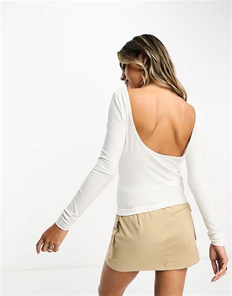 Asos Design Scoop Back Long Sleeve Top In Cream Asos