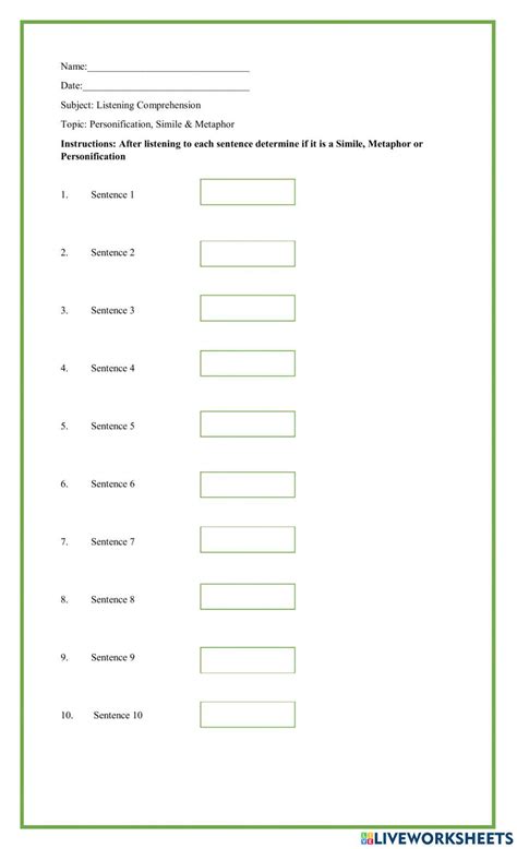 Simile Metaphor And Personification Worksheet Live Worksheets