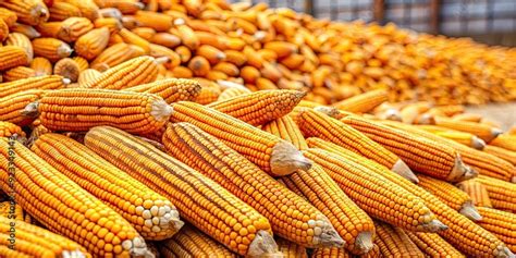 Piled Up Harvested Ears Of Corn In Drying Yard Golden Yellow Corn