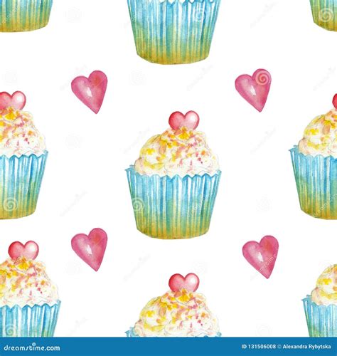 Watercolor Pattern With Cupcakes With Pink Heart Stock Illustration