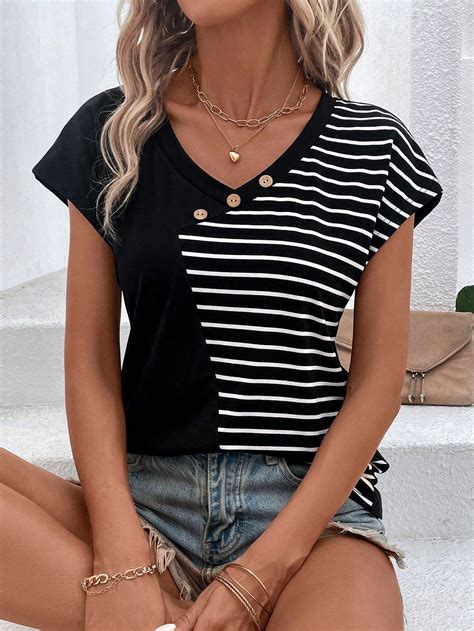 Striped Print Button Detail Dolman Sleeve Tee In 2024 Stylish Blouse