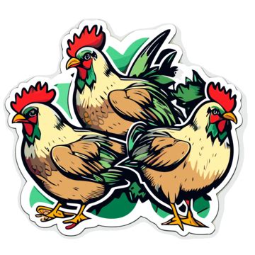 Three Hens Sticker Vector Roosters Clipart Sticker Design With