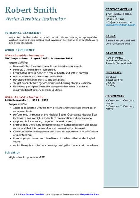 Water Aerobics Instructor Resume Samples Qwikresume