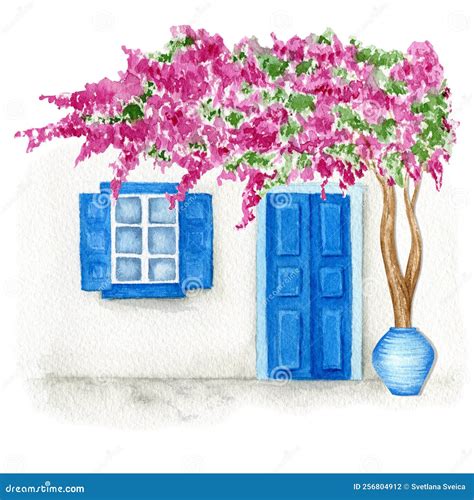 Traditional Greek House With Flowers Watercolor Illustration Isolated