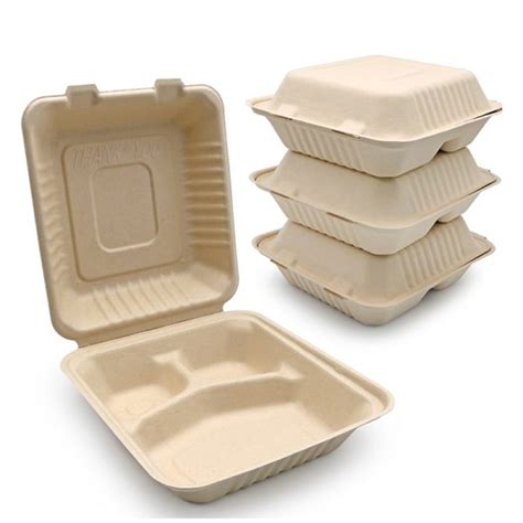 Sugarcane Bagasse Clamshell Food Container Three Compartments Takeout