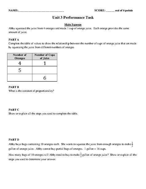 M7 Unit 3 Performance Task Name Score Out Of 6 Points