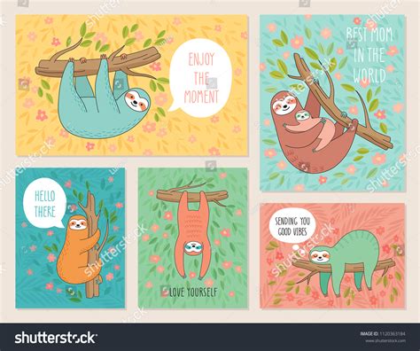 Set Cards Cute Hand Drawn Sloths Stock Vector Royalty Free