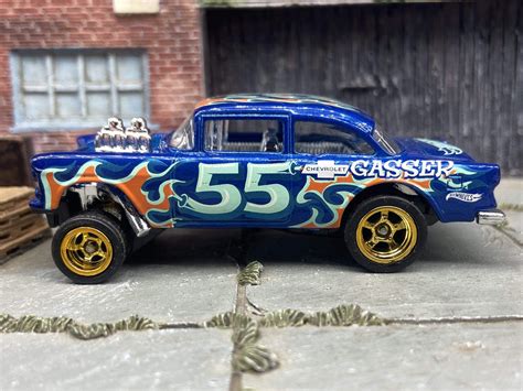 Custom Hot Wheels 1955 Chevy Gasser In Blue With Gold 5 Spoke Race Whe ...