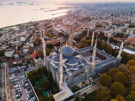 Aerial view of Blue Mosque with six minarets in Istanbul, Turkey. Top ...