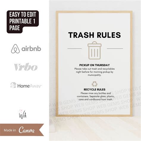 Airbnb Trash Sign, Trash Day Reminder, Garbage Day, Airbnb Sign, House
