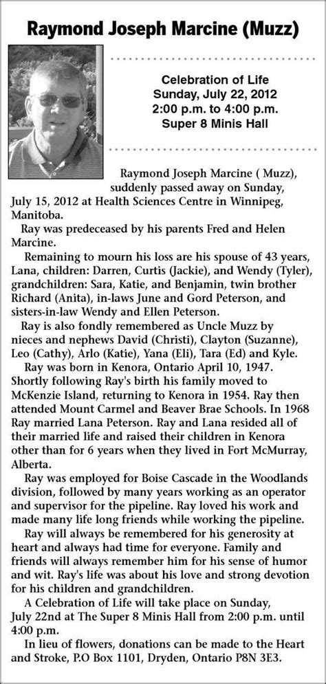 Raymond Marcine Obituary Kenora Daily Miner And News