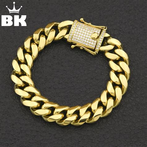 12mm 14mm CZ Stainless Steel Curb Cuban Link Bracelet Gold Silver