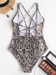 Off Zaful Snakeskin Lace Up Cross One Piece Swimsuit In