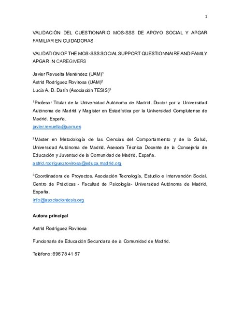 Pdf ValidaciÓn Del Cuestionario Mos Sss De Apoyo Social Y Apgar