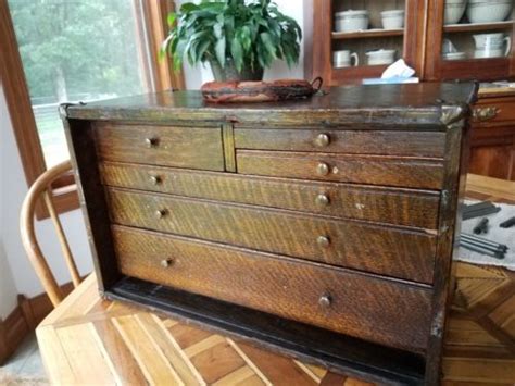 Vintage Machinist Tool Box Quarter Sawed Tiger Oak Cabinet Antique