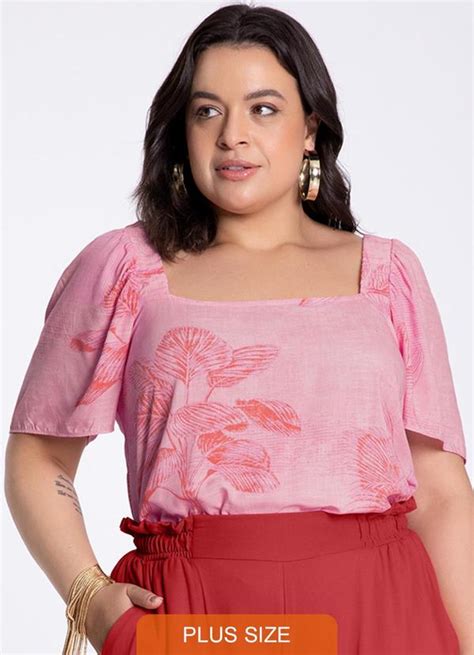 Blusa Plus Size Em Viscose Decote Quadrado Rosa Lunender Mais Mulher