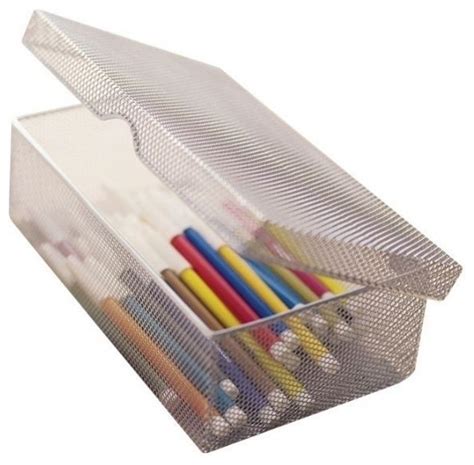 Mesh Hinged Pencil Box Silver Contemporary Desk Accessories By