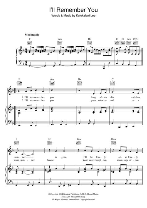 Elvis Presley "I'll Remember You" Sheet Music for Piano, Vocal & Guitar ...