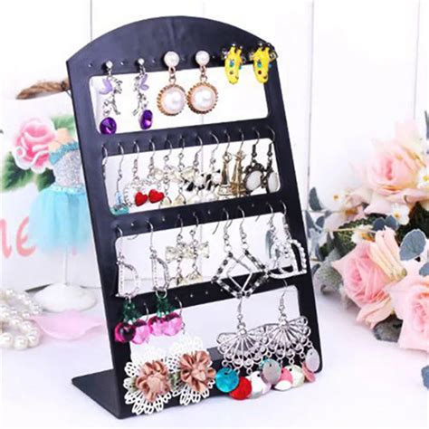 Holes Jewelry Organizer Stand Black Plastic Earring Holder Pesentoir