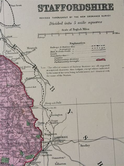 1896 Staffordshire Large Original Antique Map Showing Railways Stations Canals Crossroads