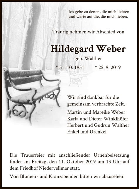 Traueranzeigen Von Hildegard Weber Trauer HNA De