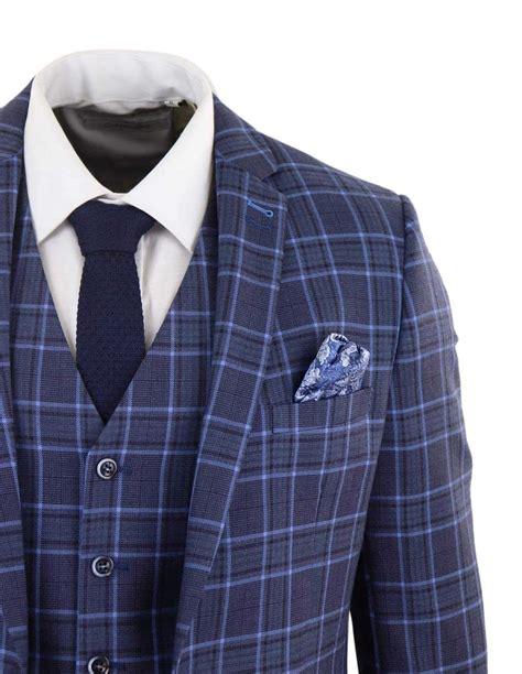 Mens Dark Blue Check 3 Piece Suit Happy Gentleman