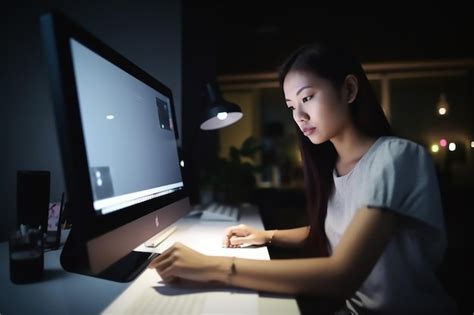 Una Mujer Se Sienta En Un Escritorio Frente A Un Monitor De Computadora