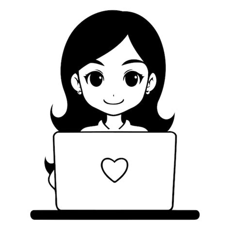 Premium Vector Cute Little Girl Using Laptop Vector Illustration In
