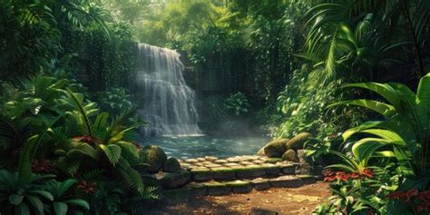 Tranquil Waterfall In Lush Tropical Rainforest Resplendent Premium Ai