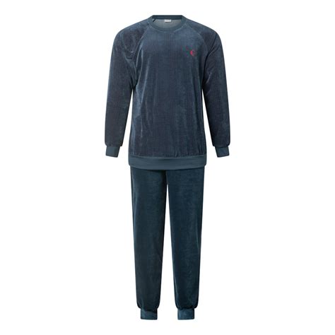 Gentlemen Heren Pyjama Velours Code Ronde Hals Marine