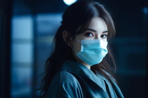 Premium Ai Image A Woman Wearing A Surgical Mask In A Dark Room